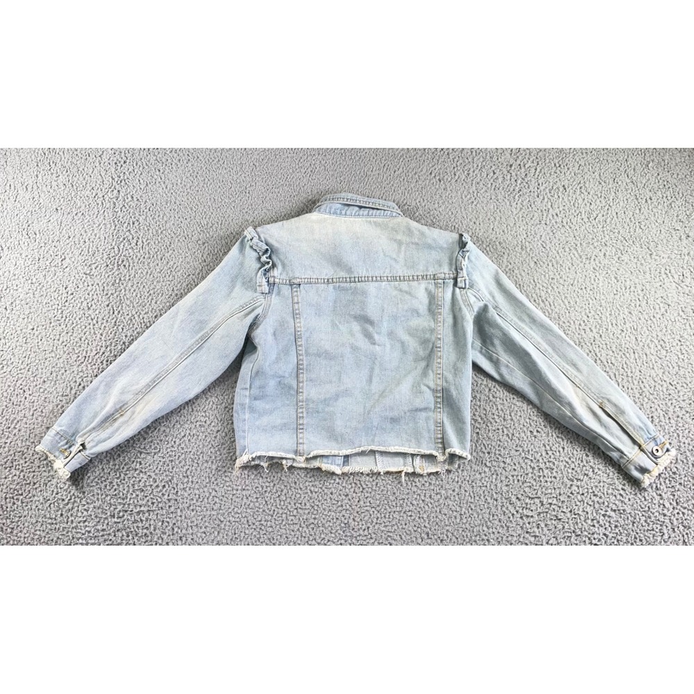 Ruffle Shoulder Denim Jacket Women S Light Wash Raw Hem Cropped Western Spring - Picture 3 of 12